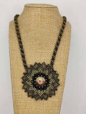 Handmade Black and Green Beaded Sunburst Pendant Necklace